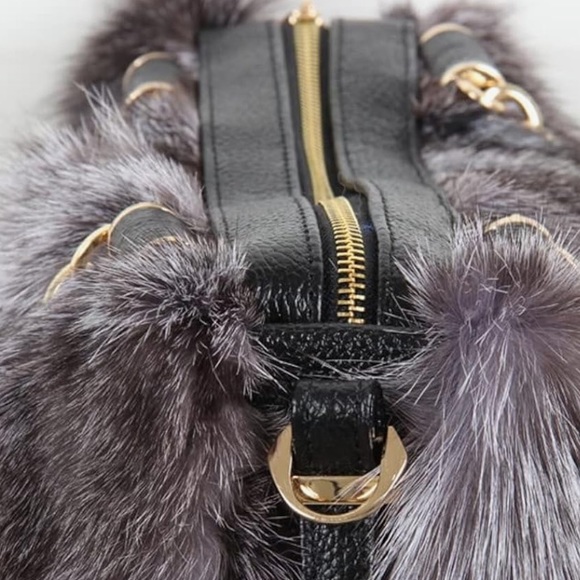 Luxury Real Fox Fur Handbag  Furry Shoulder Bag Purse Black - Picture 9 of 10